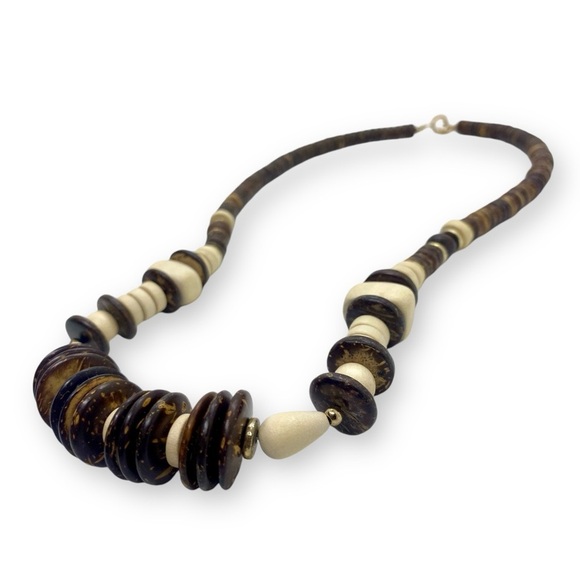Two-tone Wood Bead Necklace w. Gold Tone Spacers - Picture 5 of 7